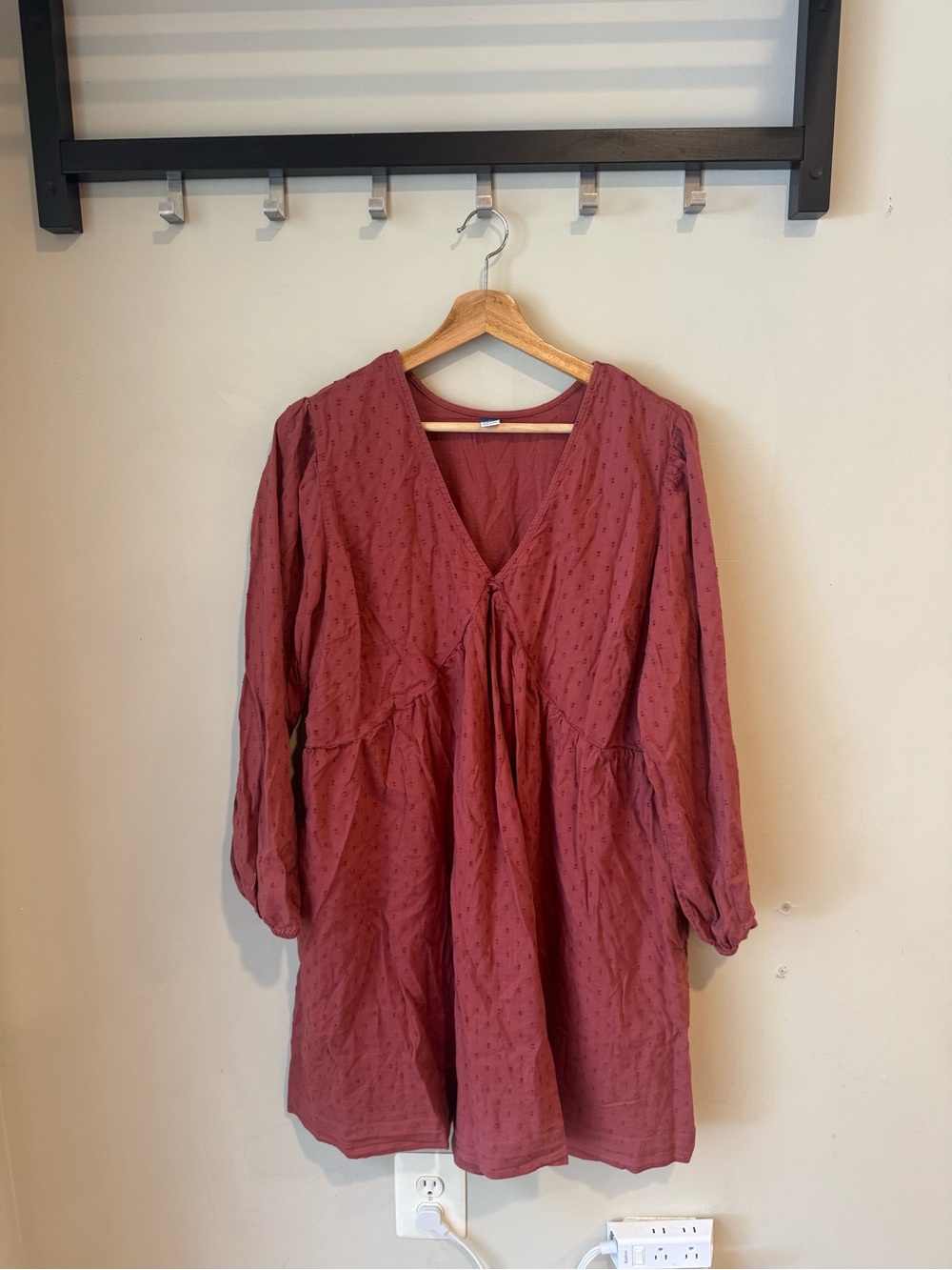 Old Navy Cotton Dusty Rose Red Textured V-Neck Tunic Dress